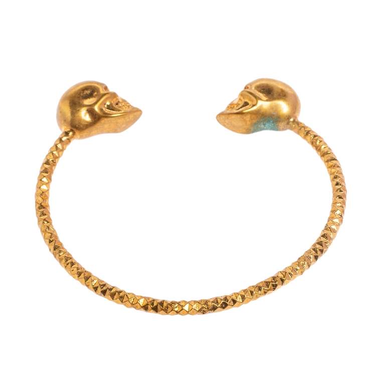 Pre Owned Alexander McQueen Twin Skull Gold Tone Open Cuff Bracelet 