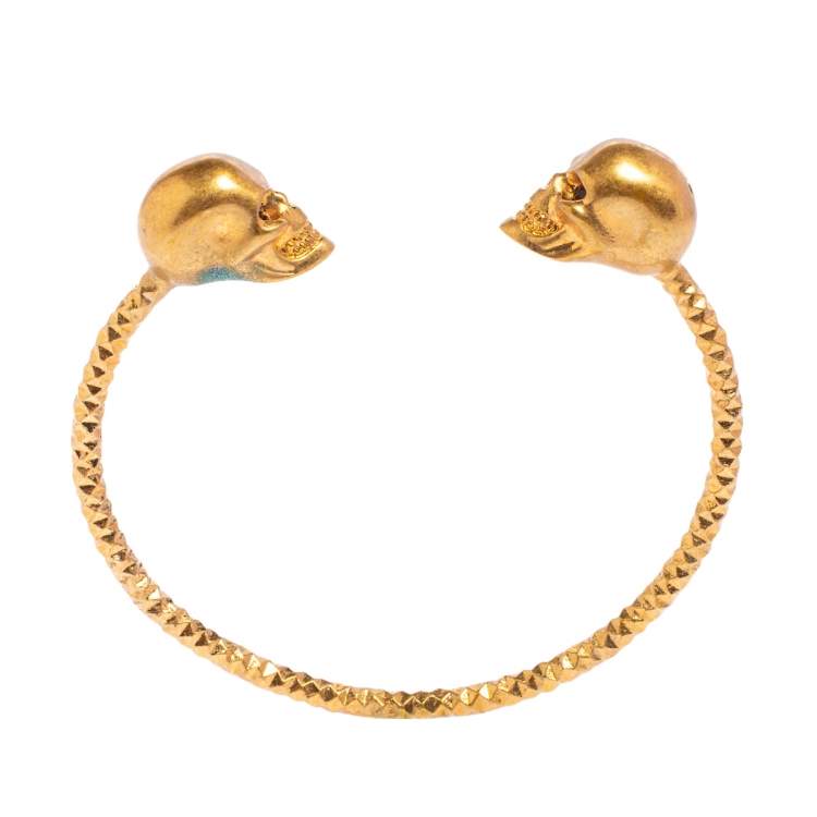 Pre Owned Alexander McQueen Twin Skull Gold Tone Open Cuff Bracelet 