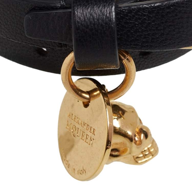 Pre Owned Alexander McQueen Skull Charm Black Leather Gold Tone Double Wrap Bracelet