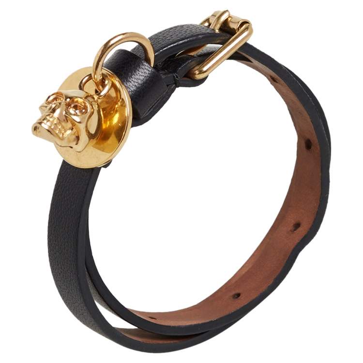 Pre Owned Alexander McQueen Skull Charm Black Leather Gold Tone Double Wrap Bracelet