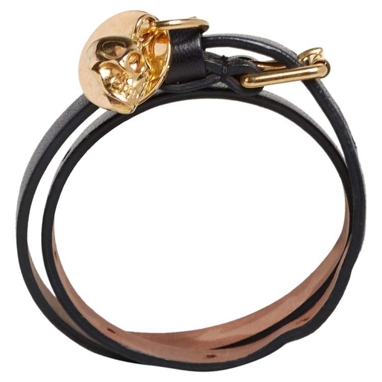 Pre Owned Alexander McQueen Skull Charm Black Leather Gold Tone Double Wrap Bracelet