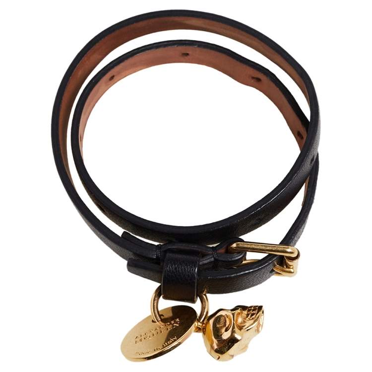 Pre Owned Alexander McQueen Skull Charm Black Leather Gold Tone Double Wrap Bracelet