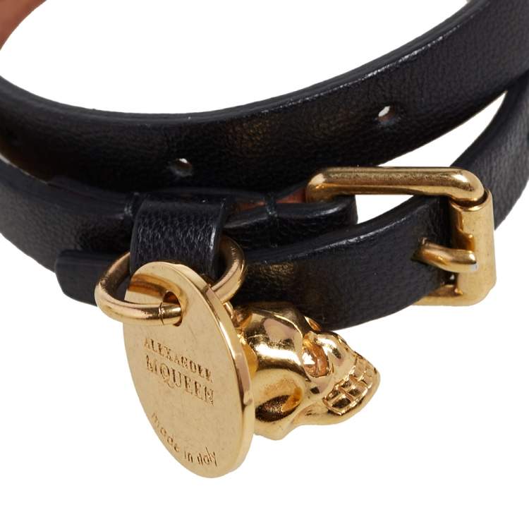 Pre Owned Alexander McQueen Skull Charm Black Leather Gold Tone Double Wrap Bracelet