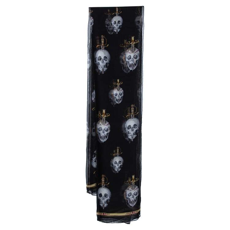 Pre Owned Alexander McQueen Black Skull Sword Print Silk Scarf