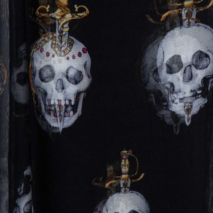 Pre Owned Alexander McQueen Black Skull Sword Print Silk Scarf