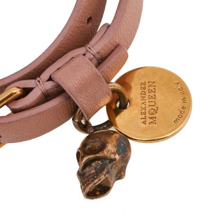 Pre Owned Alexander McQueen Skull Charm Pink Leather Gold Tone Double Wrap Bracelet 