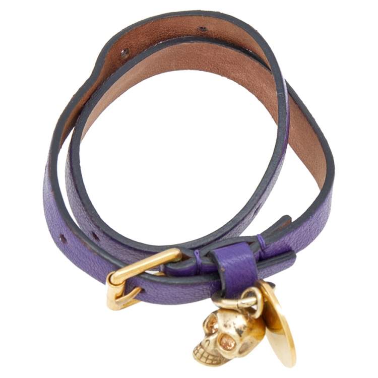 Pre Owned Alexander McQueen Skull Charm Purple Leather Double Wrap Bracelet