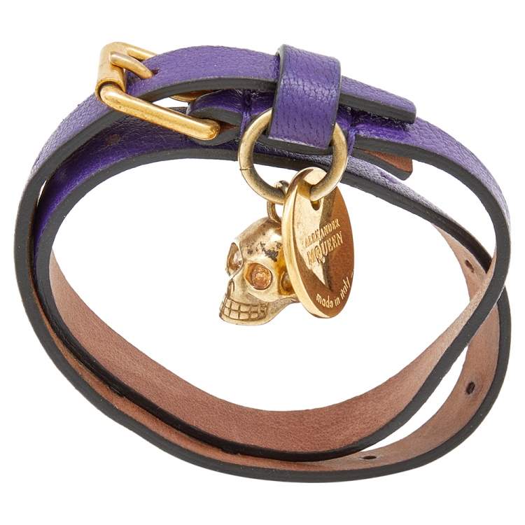Pre Owned Alexander McQueen Skull Charm Purple Leather Double Wrap Bracelet