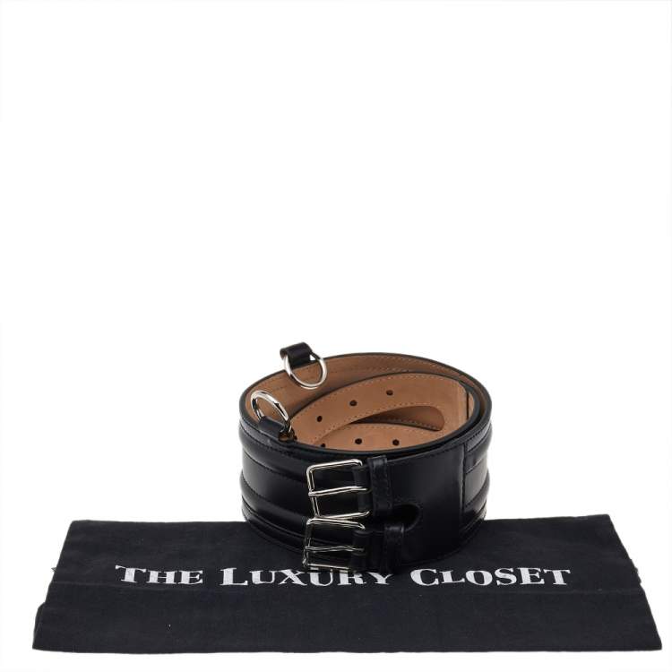 Pre Owned Alexander McQueen Black Leather Double Buckle Waist Belt 70CM