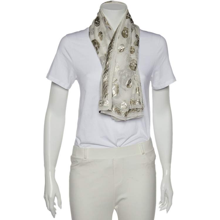 Pre Owned Alexander McQueen Off White Skull Printed Silk Scarf