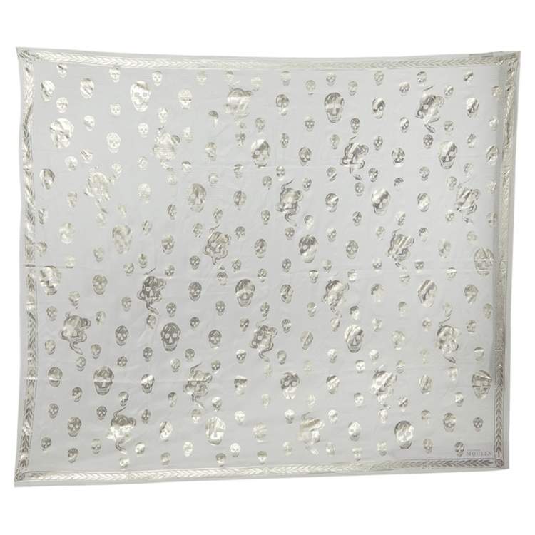 Pre Owned Alexander McQueen Off White Skull Printed Silk Scarf