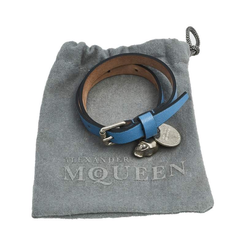 Pre Owned Alexander McQueen Blue Leather Skull Charm Double Wrap Bracelet