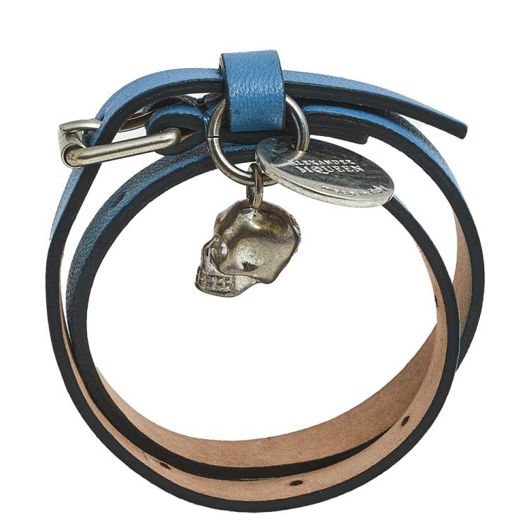 Pre Owned Alexander McQueen Blue Leather Skull Charm Double Wrap Bracelet