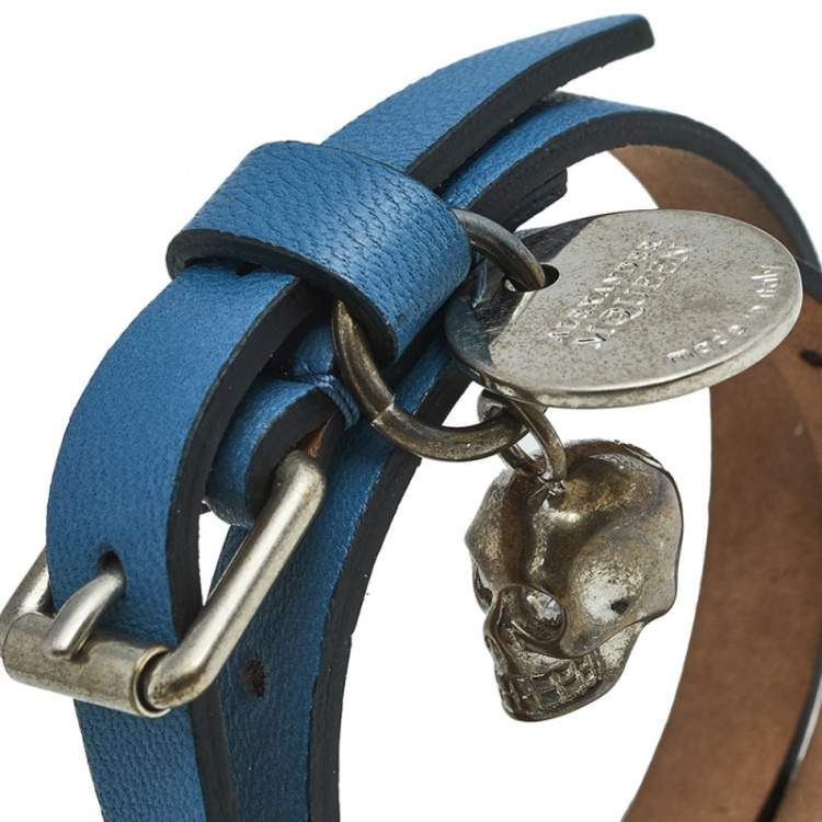 Pre Owned Alexander McQueen Blue Leather Skull Charm Double Wrap Bracelet