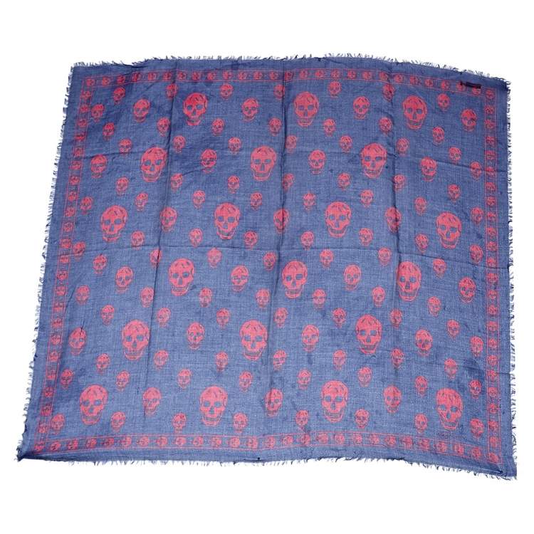 Pre Owned Alexander McQueen Blue Skull Print Modal Blend Scarf