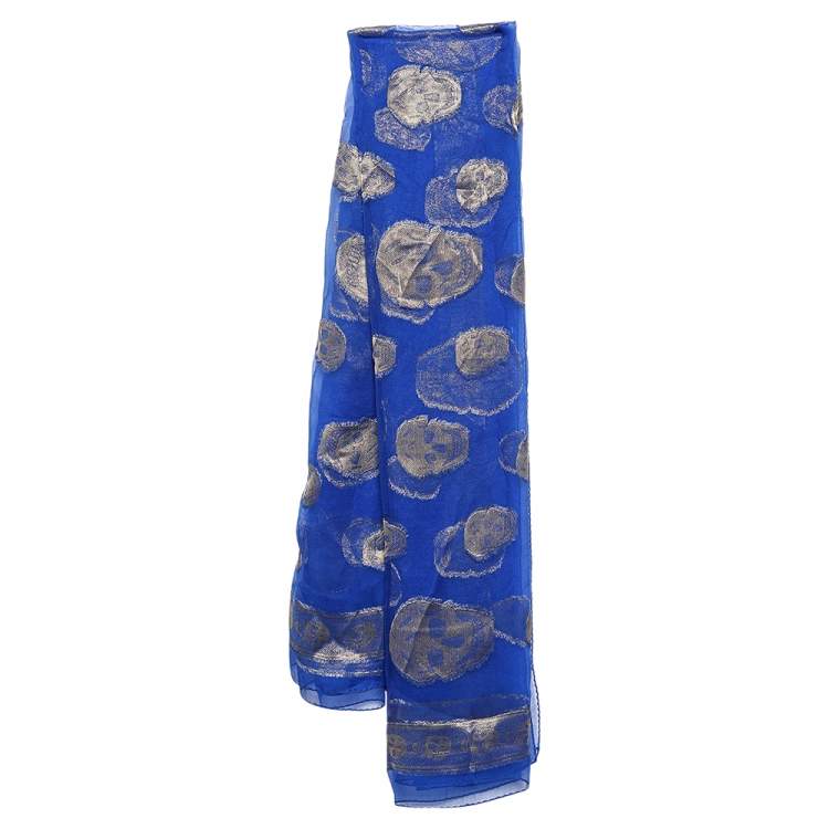 Pre Owned Alexander McQueen Blue Skull Print Silk Blend Scarf