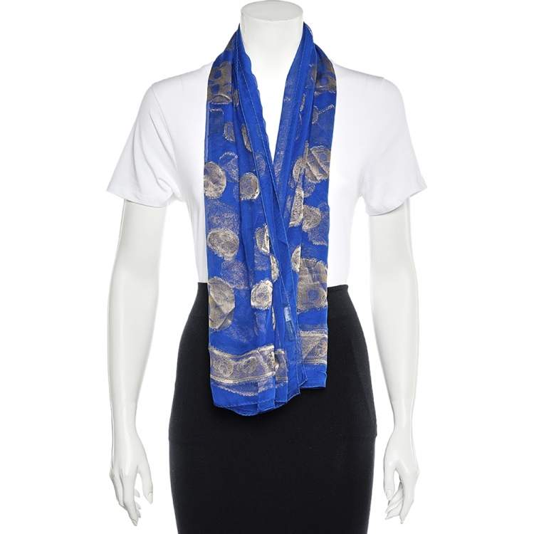 Pre Owned Alexander McQueen Blue Skull Print Silk Blend Scarf