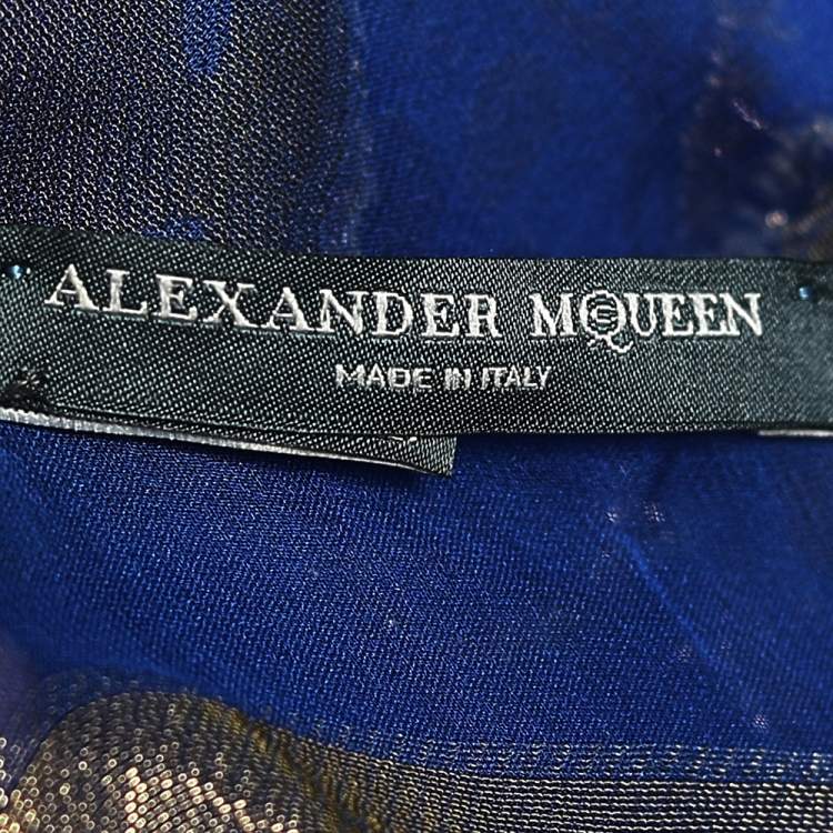 Pre Owned Alexander McQueen Blue Skull Print Silk Blend Scarf
