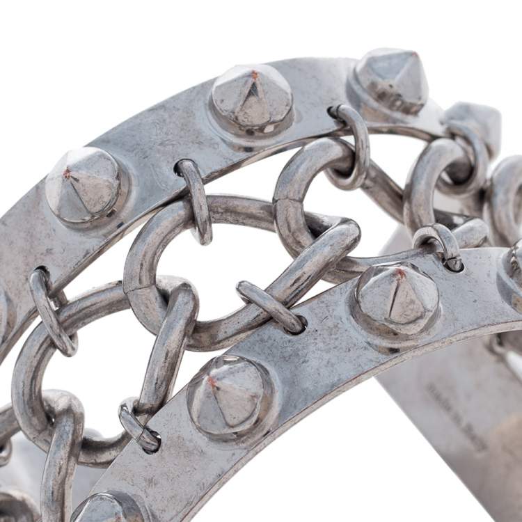 Pre Owned Alexander McQueen Silver Tone Studded Open Cuff Bracelet