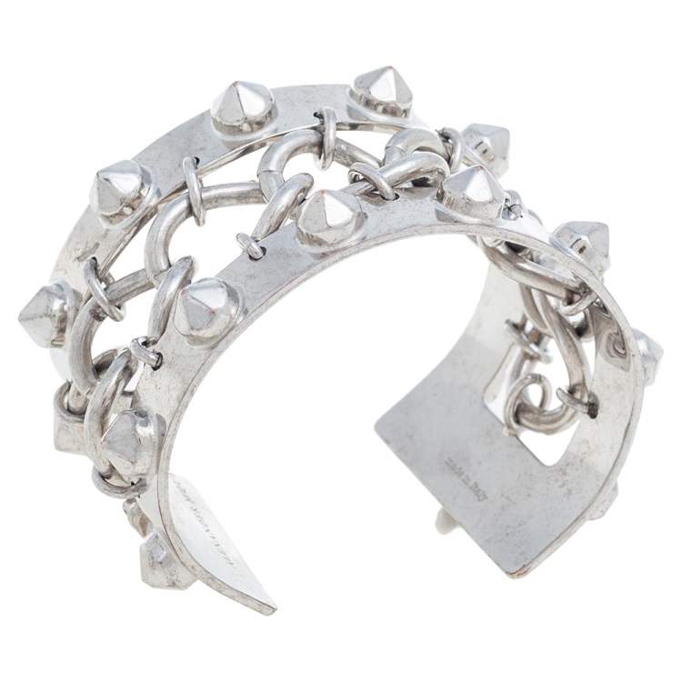 Pre Owned Alexander McQueen Silver Tone Studded Open Cuff Bracelet