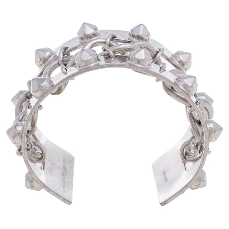 Pre Owned Alexander McQueen Silver Tone Studded Open Cuff Bracelet