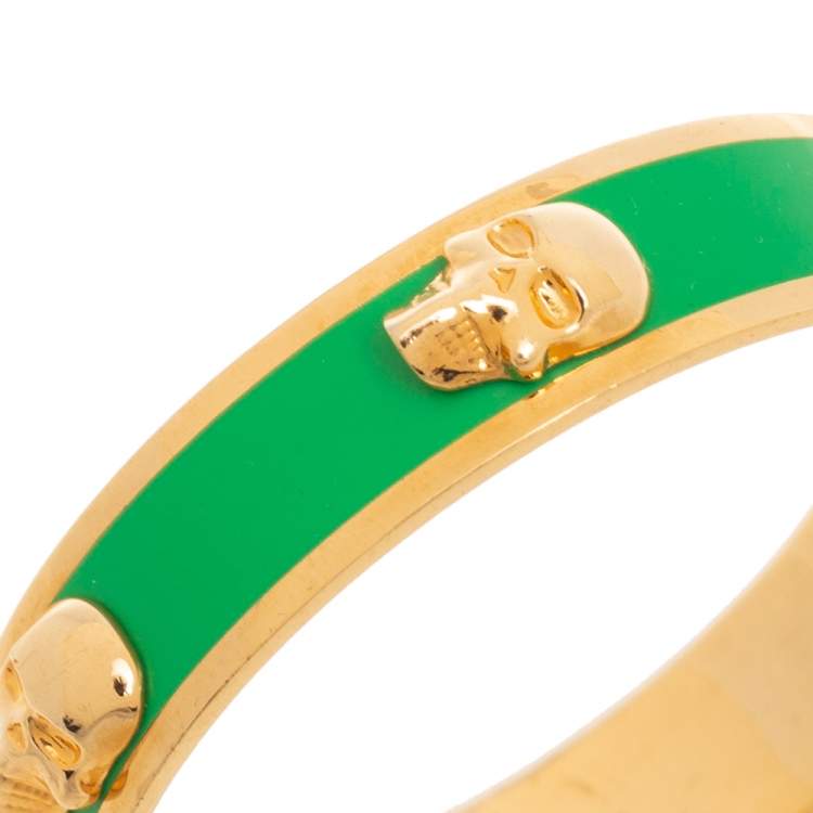 Pre Owned Alexander McQueen 3D Skull Green Gold Tone Bangle Bracelet