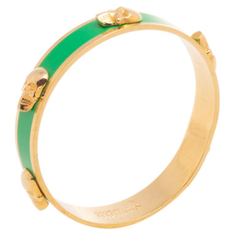 Pre Owned Alexander McQueen 3D Skull Green Gold Tone Bangle Bracelet
