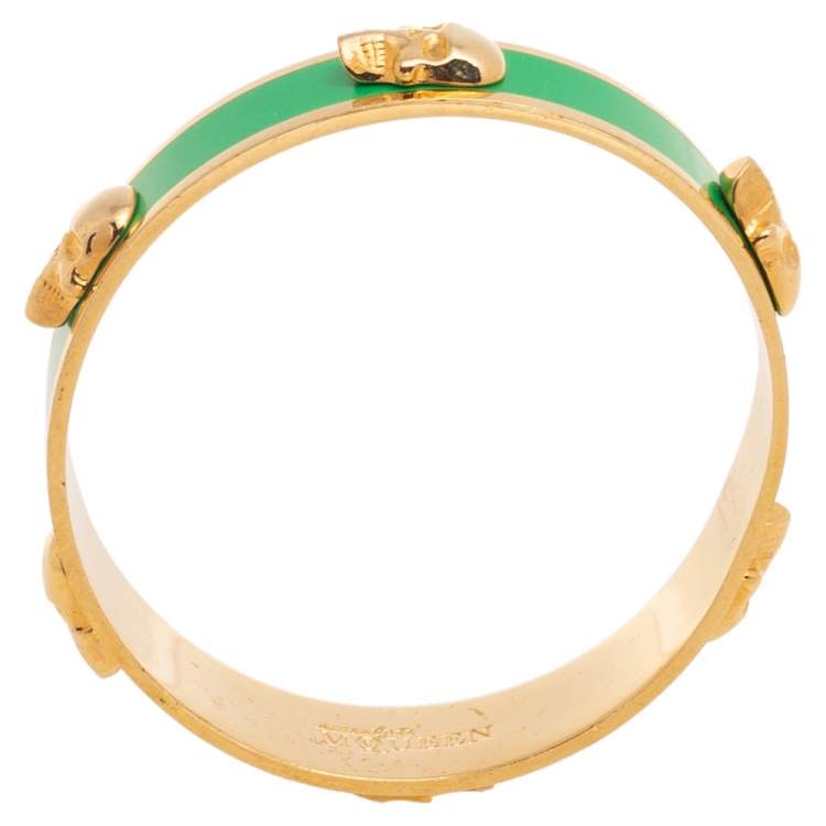Pre Owned Alexander McQueen 3D Skull Green Gold Tone Bangle Bracelet
