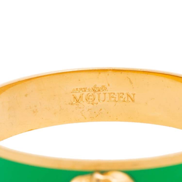 Pre Owned Alexander McQueen 3D Skull Green Gold Tone Bangle Bracelet