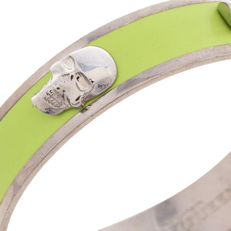 Pre Owned Alexander McQueen 3D Skull Neon Green Gold Tone Bangle Bracelet 