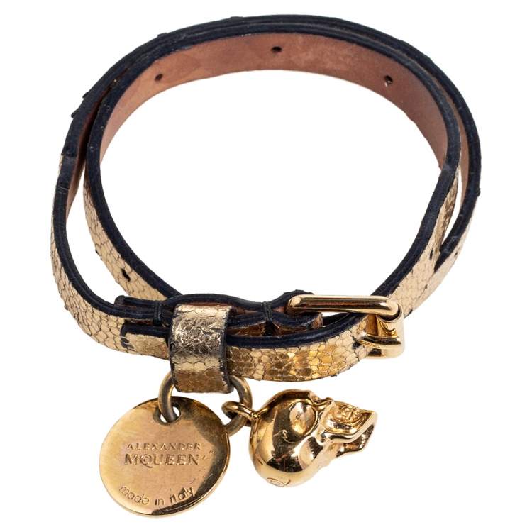 Pre Owned Alexander McQueen Gold Foil Print Snakeskin Double Wrap Skull Charm Bracelet