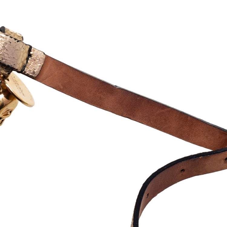 Pre Owned Alexander McQueen Gold Foil Print Snakeskin Double Wrap Skull Charm Bracelet