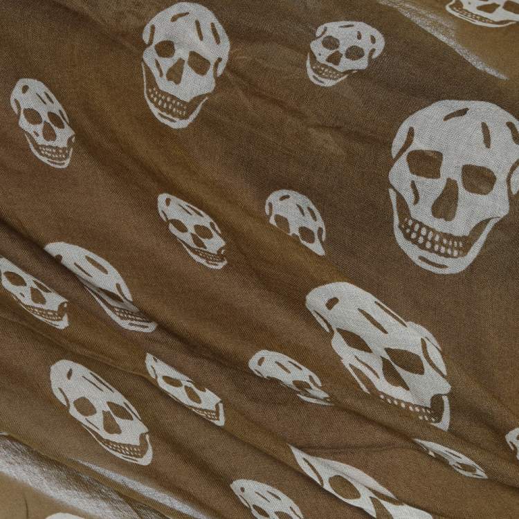 Pre Owned Alexander McQueen Olive Green Skull Print Modal Blend Scarf