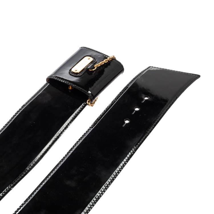 Pre Owned Alexander McQueen Black Patent Leather Chain Waist Wide Belt 90CM