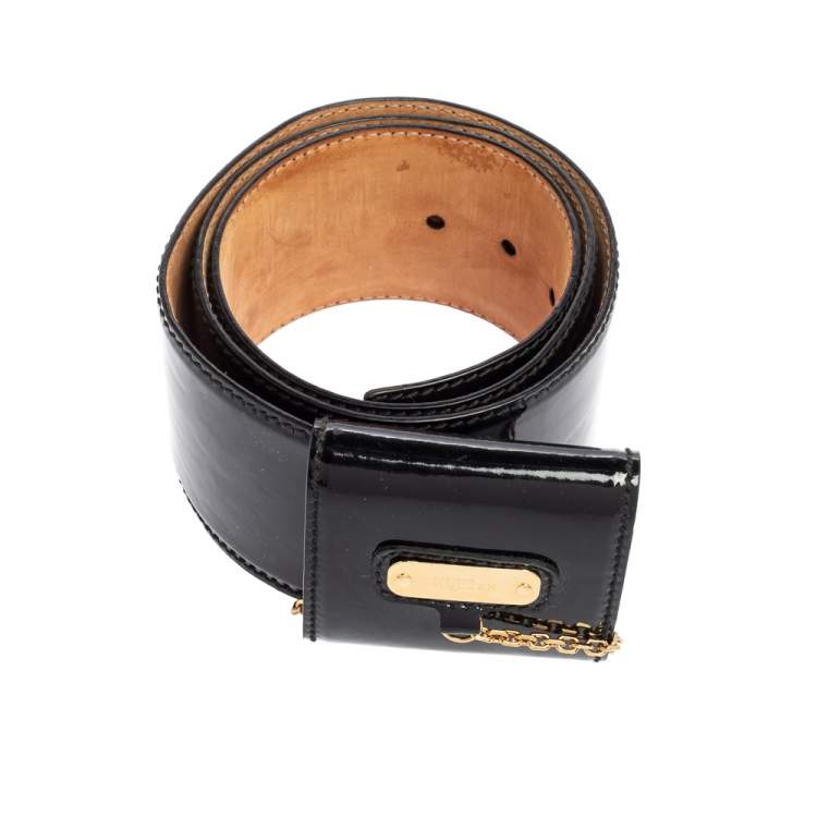 Pre Owned Alexander McQueen Black Patent Leather Chain Waist Wide Belt 90CM
