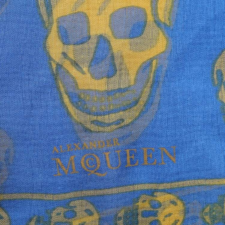 Pre Owned Alexander McQueen Blue & Yellow Skull Print Crepe Silk Scarf