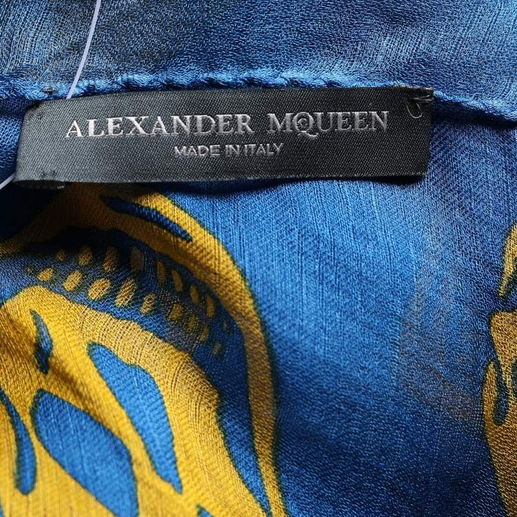 Pre Owned Alexander McQueen Blue & Yellow Skull Print Crepe Silk Scarf
