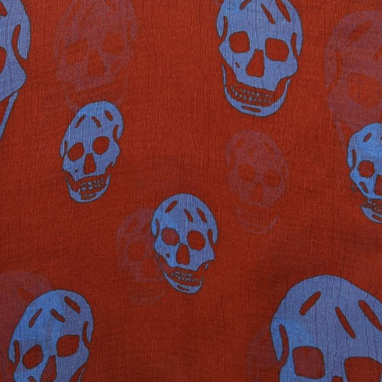 Pre Owned Alexander McQueen Rust Orange Skull Print Crepe Silk Scarf