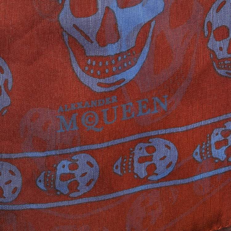 Pre Owned Alexander McQueen Rust Orange Skull Print Crepe Silk Scarf