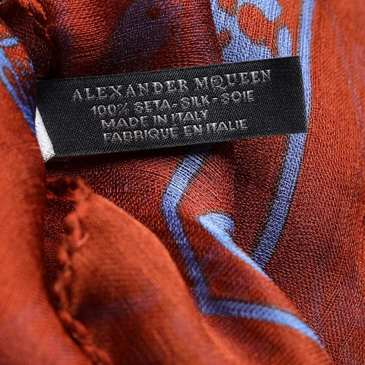 Pre Owned Alexander McQueen Rust Orange Skull Print Crepe Silk Scarf