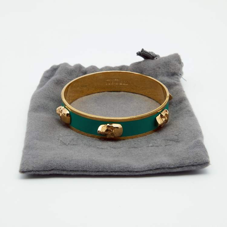 Pre Owned Alexander McQueen 3D Skull Green Gold Tone Bangle Bracelet 