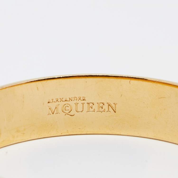 Pre Owned Alexander McQueen 3D Skull Green Gold Tone Bangle Bracelet 