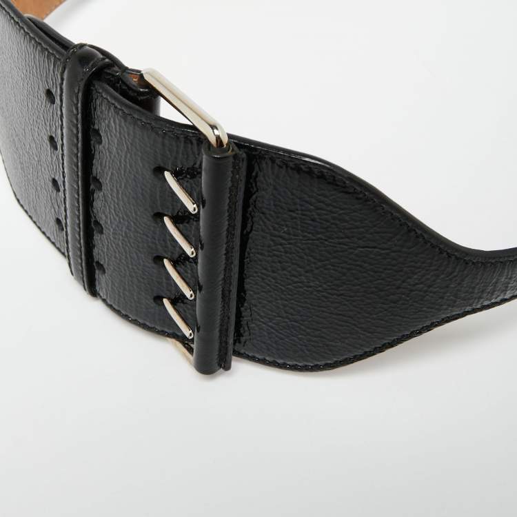 Pre Owned Alexander McQueen Black Patent Leather Buckle Waist Belt 80CM