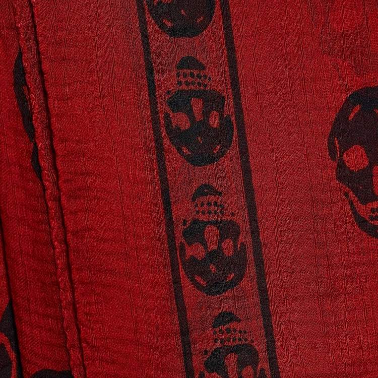 Pre Owned Alexander McQueen Red Skull Print Silk Scarf