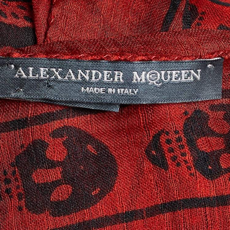 Pre Owned Alexander McQueen Red Skull Print Silk Scarf