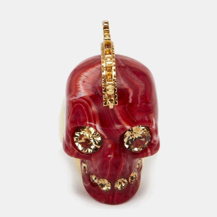 Pre Owned Alexander McQueen Punk Skull Plexi Marbled Resin Crystals Gold Tone Ring Size 53