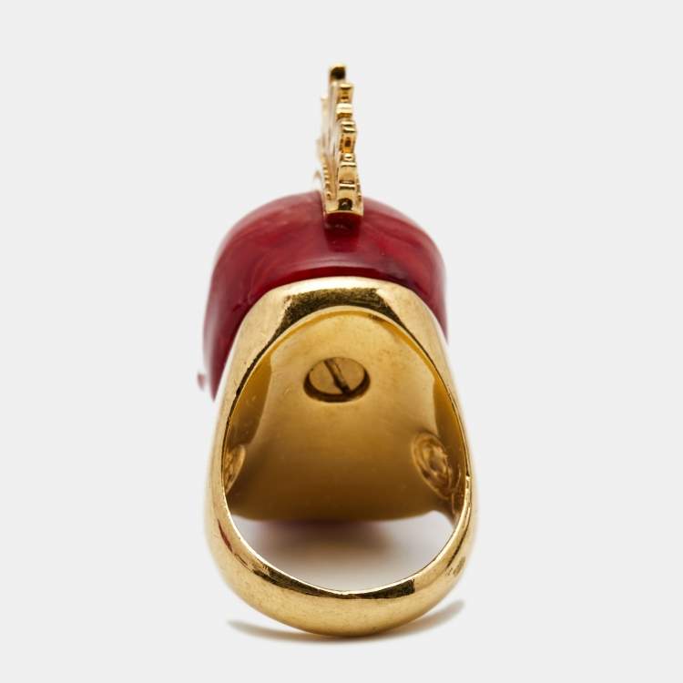 Pre Owned Alexander McQueen Punk Skull Plexi Marbled Resin Crystals Gold Tone Ring Size 53