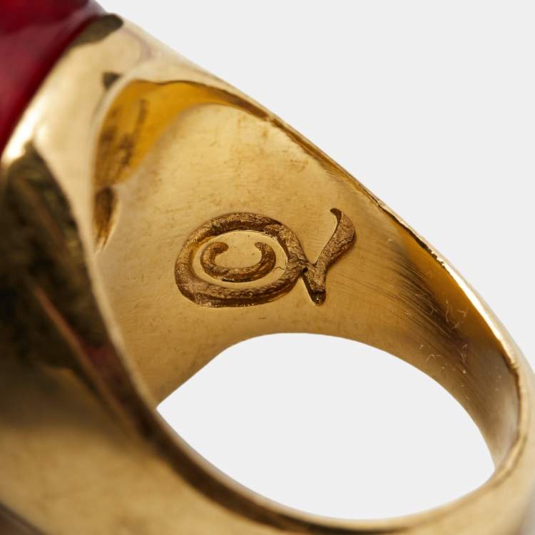 Pre Owned Alexander McQueen Punk Skull Plexi Marbled Resin Crystals Gold Tone Ring Size 53