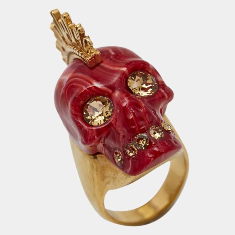 Pre Owned Alexander McQueen Punk Skull Plexi Marbled Resin Crystals Gold Tone Ring Size 53