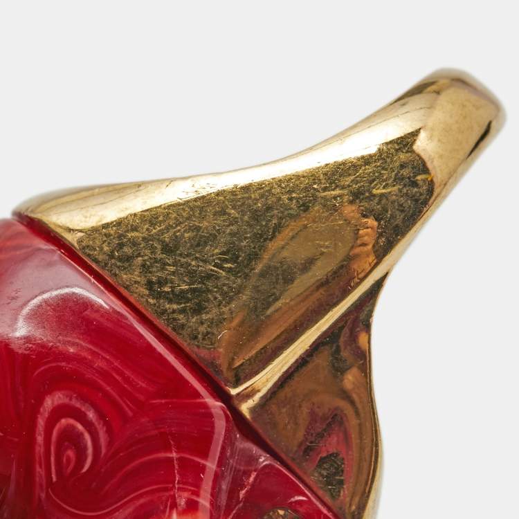 Pre Owned Alexander McQueen Punk Skull Plexi Marbled Resin Crystals Gold Tone Ring Size 53